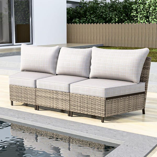 COOS BAY 3-Seat Armless Brown Wicker Patio Outdoor Curved Sectional Sofa Set with Beige Cushions