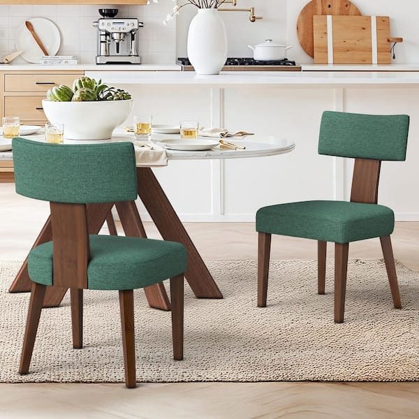 OrangeOne Modern Curved T-Backrest Dining Chair Dark Green Fabric Upholstered Solid Wood Frame Side Chair Set of 2