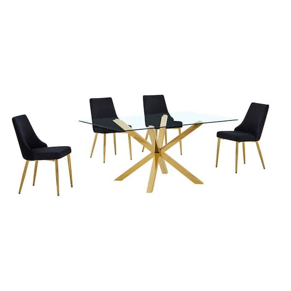 Tom 5-Piece Clear Glass Top Cross Leg Base Dining Set with 4-Black Gold Chrome Chairs