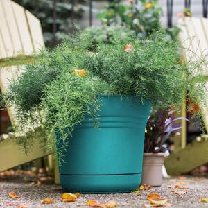 Saturn 12 in. Bermuda Teal Plastic Planter with Saucer