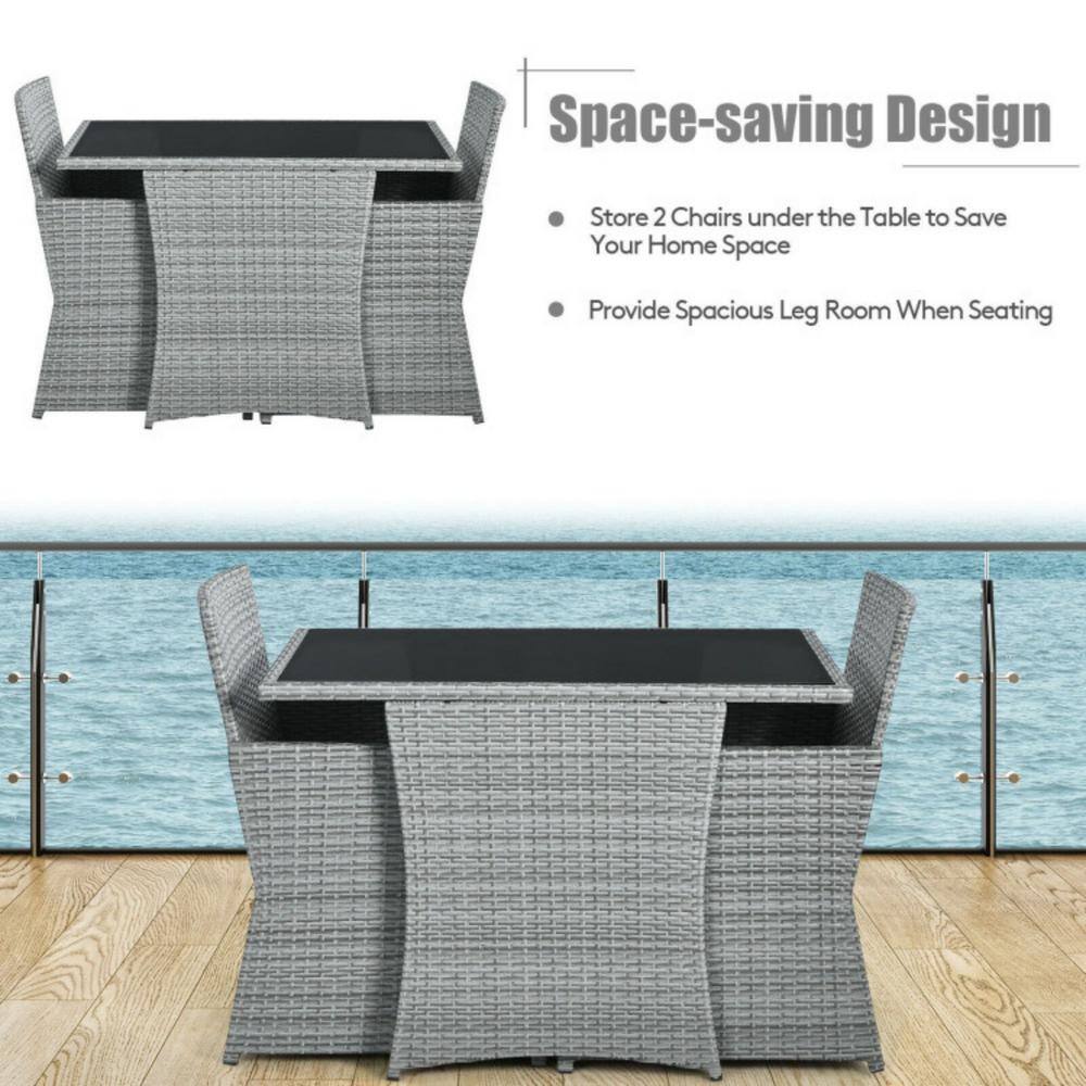 Gray Wicker 3-Piece Patio Set with White Cushions