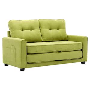 60 in. W Square Arm Chenille Modern Rectangle Pull-out Sofa Bed in Green with Side Pocket