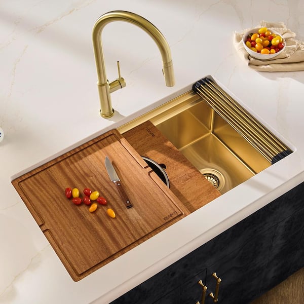 Dual-Tier Pro 34 in. Undermount 16-Gauge Stainless Steel Workstation Kitchen Sink in Polished Matte Gold