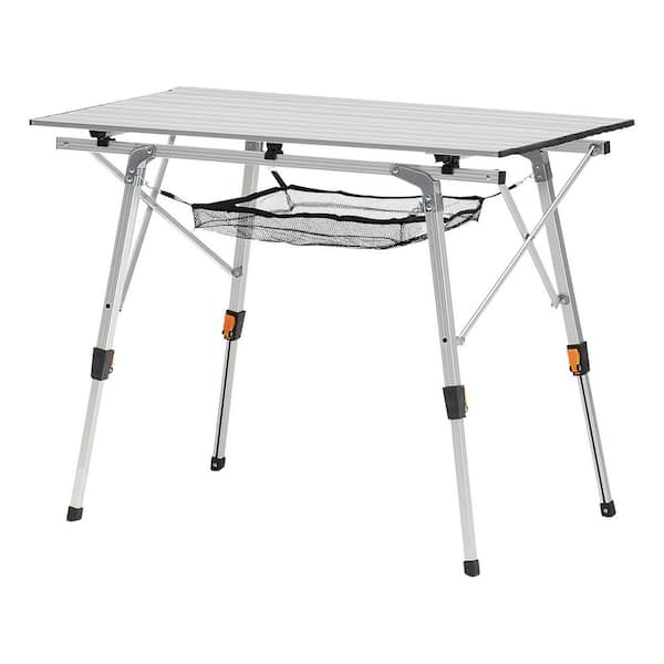 Folding Camping Table, Portable Roll-Up Aluminum Side Table with Adjustable Height, Mesh Top & Carry Bag, Silver