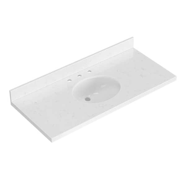ARIEL 48 in. W x 22 in. D in Carrara White Quartz with 1.5 in Thick Milter Edge with Round Single Sink Vanity Top in White