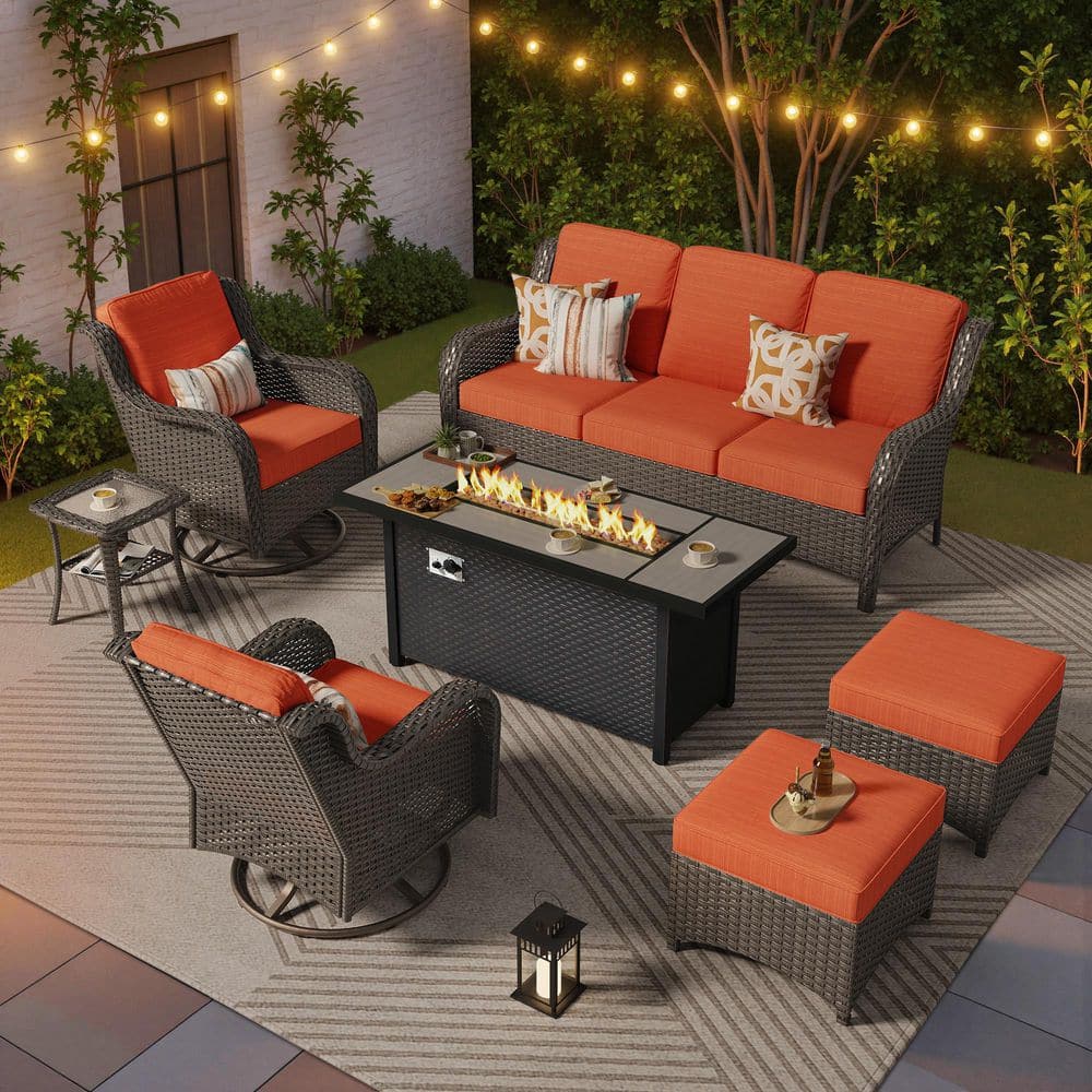 Bali 7 Pieces Wicker Outdoor Patio 54 in. Rectangular Fire Pit Set and Swivel Rocking Chairs with Orange Red Cushions price history on PriceWatchPro