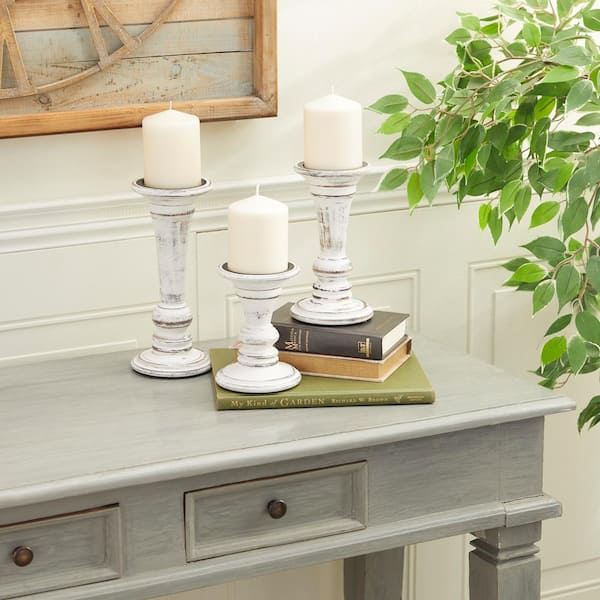 Litton Lane White Wood Candle Holder (Set of 3) 51324 - The Home Depot