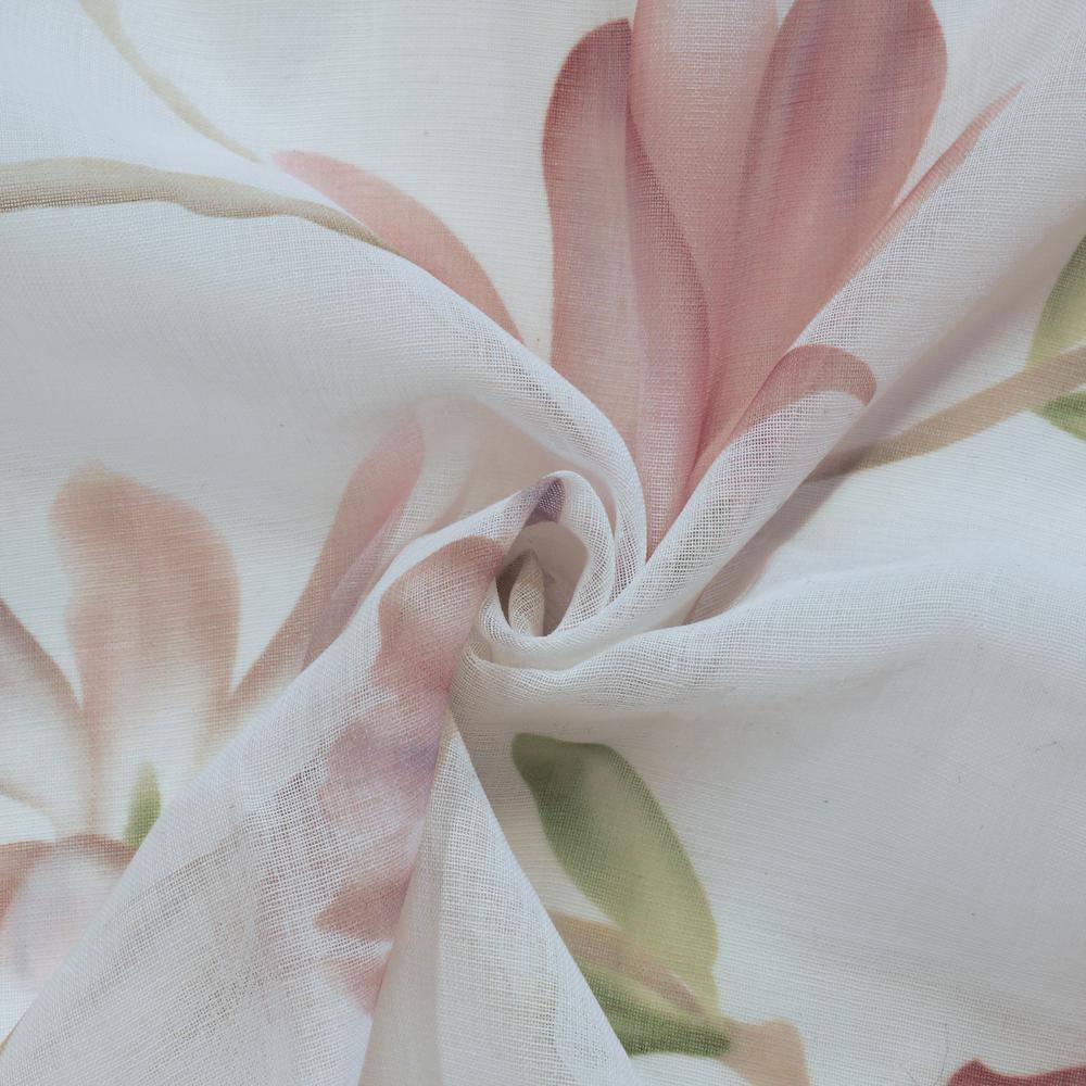 Magnolia White and Pink Sheer Linen-Like Grommet Curtain Panel