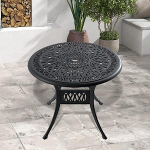 35.43 in. Black Cast Aluminum Patio Outdoor Dining Table with Umbrella Hole