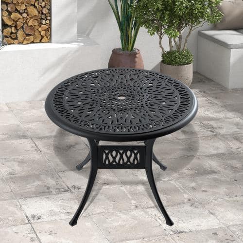 35.43 in. Black Cast Aluminum Patio Outdoor Dining Table with Umbrella Hole