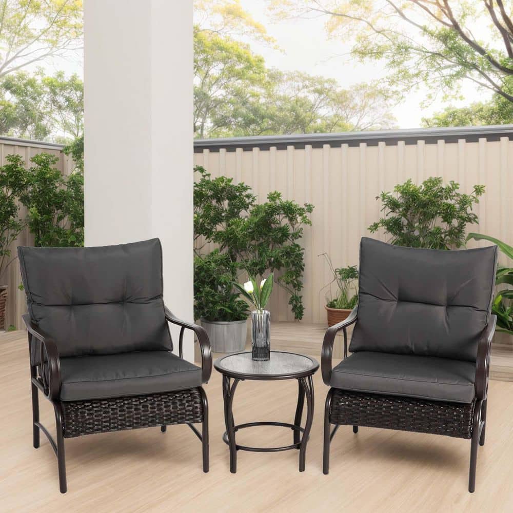 3-Piece Metal Patio Conversation Set with Gray Cushions, Modern Rattan Chai