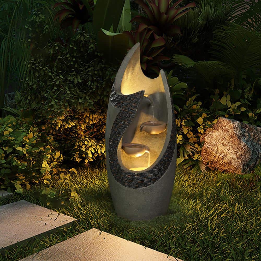 37" Gray and Brown Polyresin Tiered Patio Fountain with LED Lights