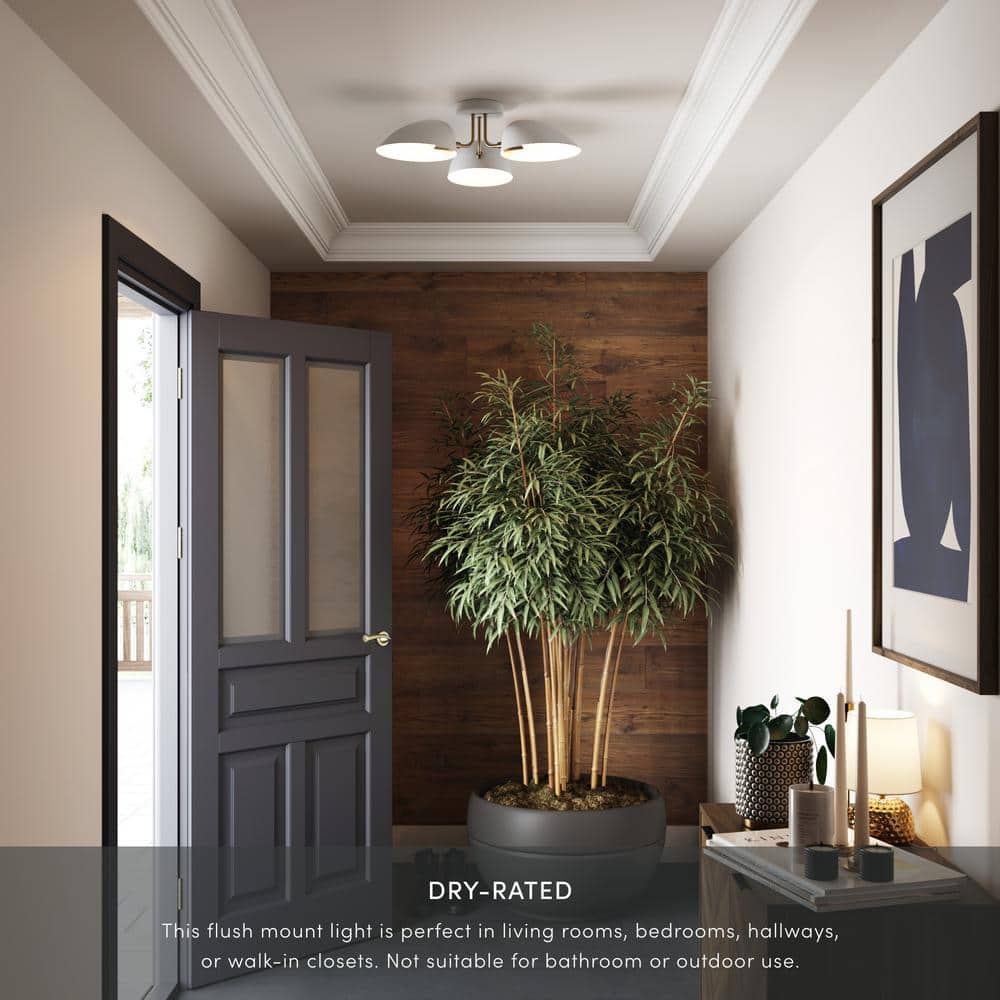 White and Brass 3-Light Semi Flush Ceiling Mount Fixture