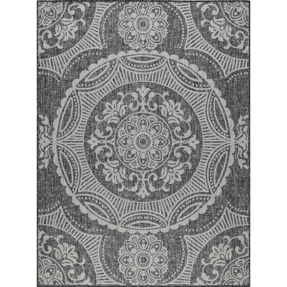 Beverly Rug Waikiki Dark Grey/White 4 ft. x 6 ft. Medallion Indoor/Outdoor Area Rug Beverly Rug indoor outdoor rugs are available in various sizes; 4 ft. x 6 ft. area rug (3 ft. 11 in. x 5 ft. 11 in.), area rug 5 ft. x 7 ft. (5 ft. 3 in. x 7 ft.), 6 ft. x 9 ft. area rugs (6 ft. 7 in. x 9 ft.), large area rug 8 ft. x 10 ft. (7 ft. 10 in. x 10 ft.) and 6 ft. 7 in. circle rug. You can use our non shedding rugs wherever needed; either indoors such as living room, dining room, laundry room, bedroom, hallway, children playroom, or outdoors such as deck, patio, pool side, picnic, beach, garage, or guest lounges. These fade resistant indoor rugs has UV protection and offer environment protection with their eco-friendly and breathable material. The vibrant colors will not fade in the sun. Ideal for high traffic areas. With natural color options of beige, blue, grey and dark grey, this beautiful medallion area rug is perfect fit for your vintage decor. Color: Dark Grey/White.