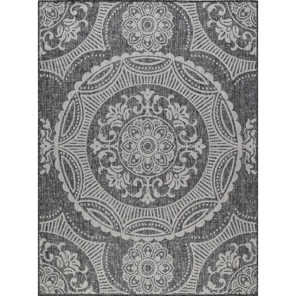 Beverly Rug Waikiki Dark Grey/White 6 ft. x 9 ft. Medallion Indoor/Outdoor Area Rug Beverly Rug indoor outdoor rugs are available in various sizes; 4 ft. x 6 ft. area rug (3 ft. 11 in. x 5 ft. 11 in.), area rug 5 ft. x 7 ft. (5 ft. 3 in. x 7 ft.), 6 ft. x 9 ft. area rugs (6 ft. 7 in. x 9 ft.), large area rug 8 ft. x 10 ft. (7 ft. 10 in. x 10 ft.) and 6 ft. 7 in. circle rug. You can use our non-shedding rugs wherever needed; either indoors such as living room, dining room, laundry room, bedroom, hallway, children playroom, or outdoors such as deck, patio, pool side, picnic, beach, garage, or guest lounges. These fade resistant indoor rugs has UV protection and offer environment protection with their eco-friendly and breathable material. The vibrant colors will not fade in the sun. Ideal for high traffic areas. With natural color options of beige, blue, grey and dark grey, this beautiful medallion area rug is perfect fit for your vintage decor. Color: Dark Grey/White.