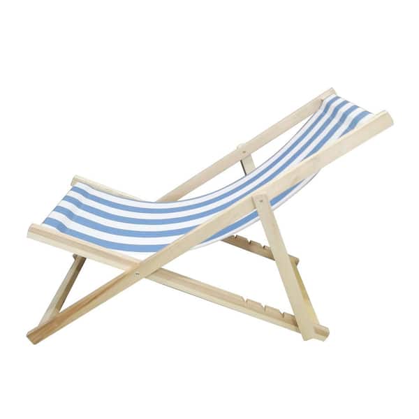 Tenleaf Natural Wood Reclining Beach Chair with Light Blue Canvas