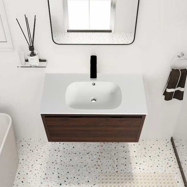 36 in. W x 18 in. D x 20 in. H Floating Bath Vanity in California Walnut with White Gel Sink and Top, Soft Closing Hinge