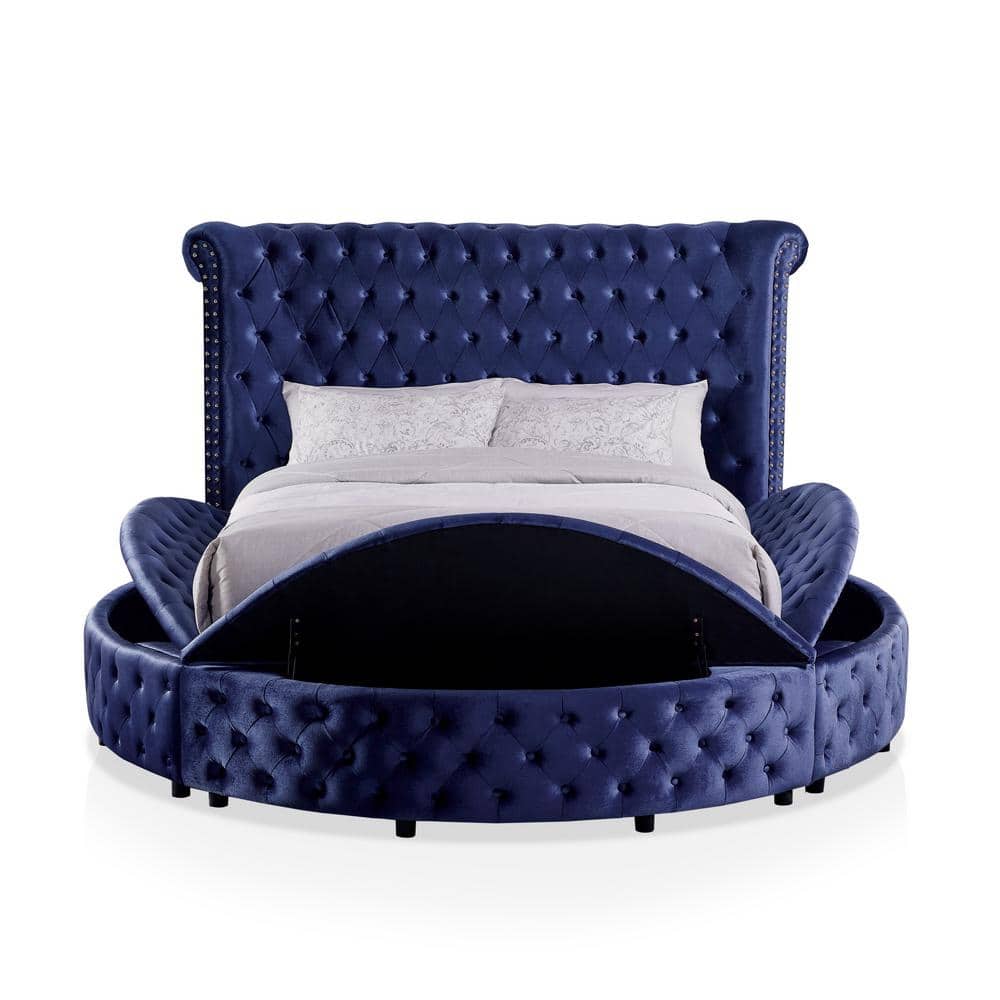Furniture of America Sugarly Glam Blue Wood Frame Velvet King Platform ...