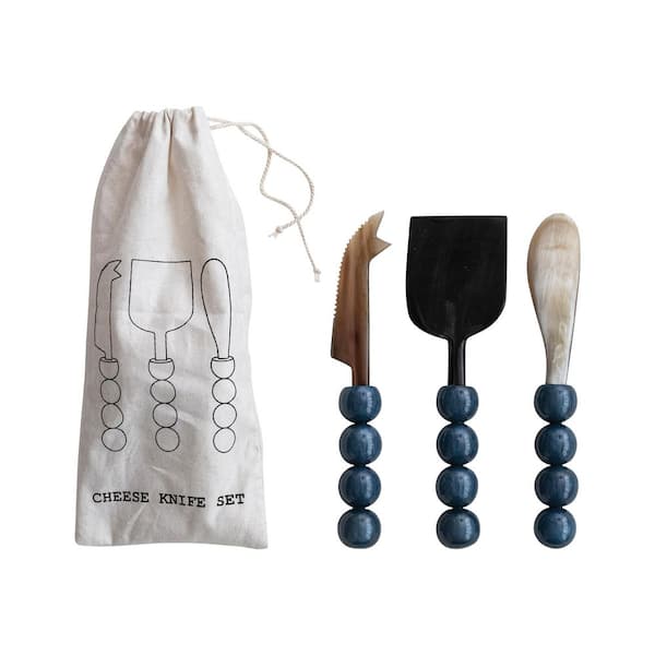 3-Piece Natural Horn Cheese Knives and Spreaders with Marbled Resin Handles in Drawstring Bag