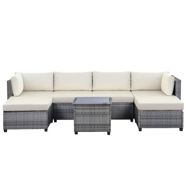 Tunearary 7 Piece Gray Rattan Outdoor Conversation Set, with Beige Cushions