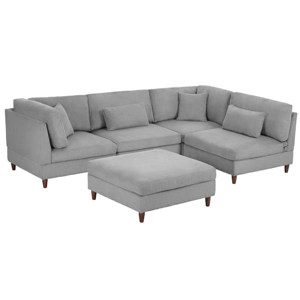 112.1 in. Straight Arm 5-piece Corduroy Upholstered Modular Free Combination Sectional Sofa in. Light Gray with Ottoman
