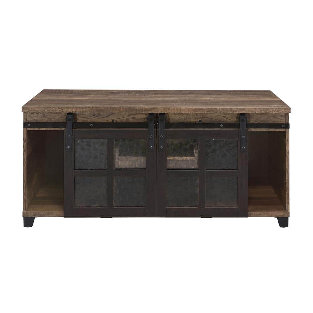 Rustic Oak and Black Rectangular Wood Glass Coffee Table with Storage