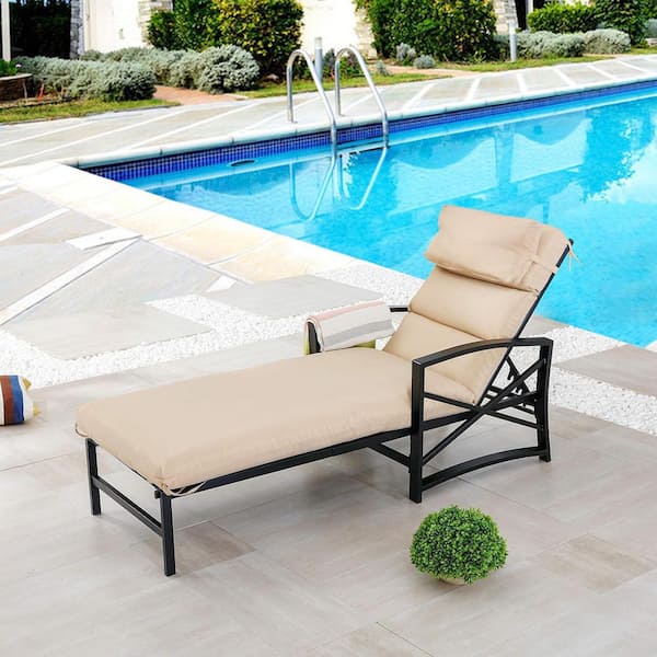 Patio Festival Metal Outdoor Chaise Lounge with Khaki Cushions