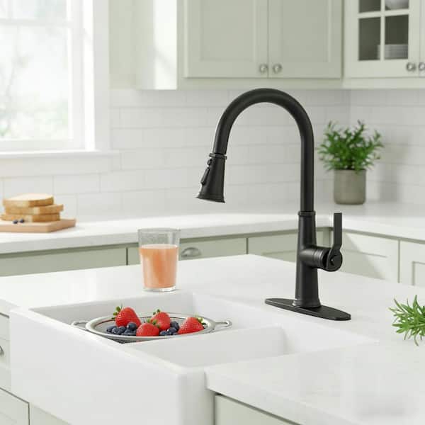16.7 in. Matte Black 3-Mode Single Handle Pull Down Sprayer Kitchen Faucet with 360° Spout Swivel in Stainless Steel