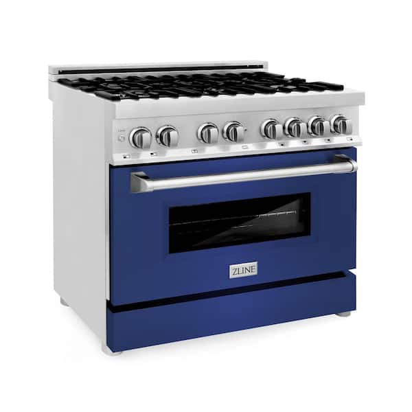 ZLINE Kitchen and Bath 36 in. 6 Burner Dual Fuel Range with Blue Matte Door in Stainless Steel