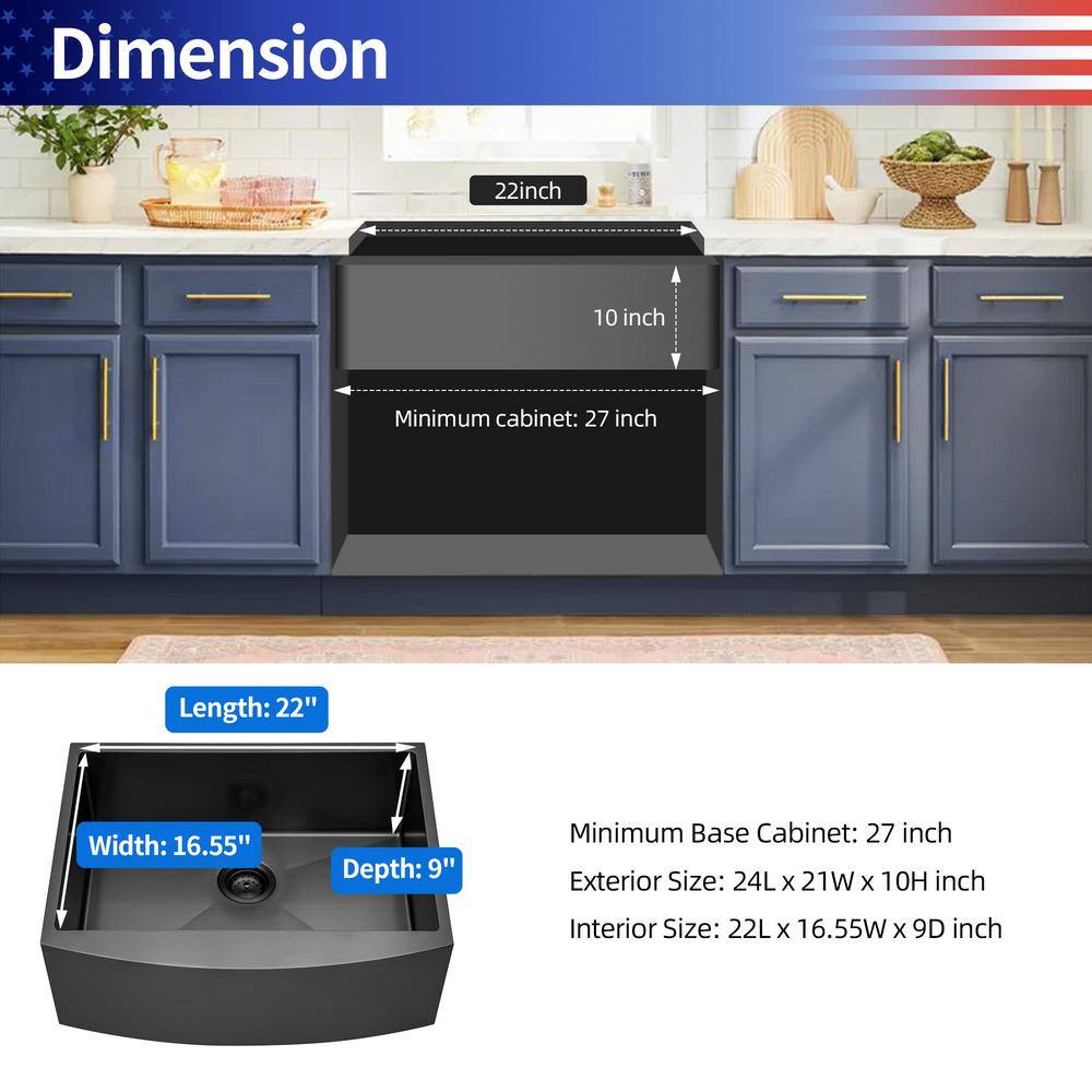 24'' Gunmetal Black Stainless Steel Farmhouse Kitchen Sink