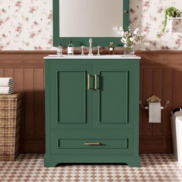 30 in. Freestanding Green Bath Vanity with White Ceramic Top and Drawer and Door Bathroom Storage Cabinet Unassembled