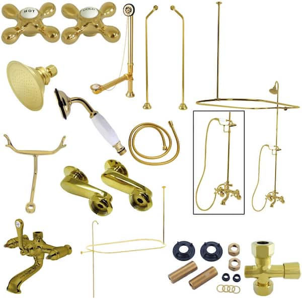 Kingston Brass Vintage Combo Set 3-Handle Claw Foot Tub Faucet with Shower Enclosure in Polished Brass