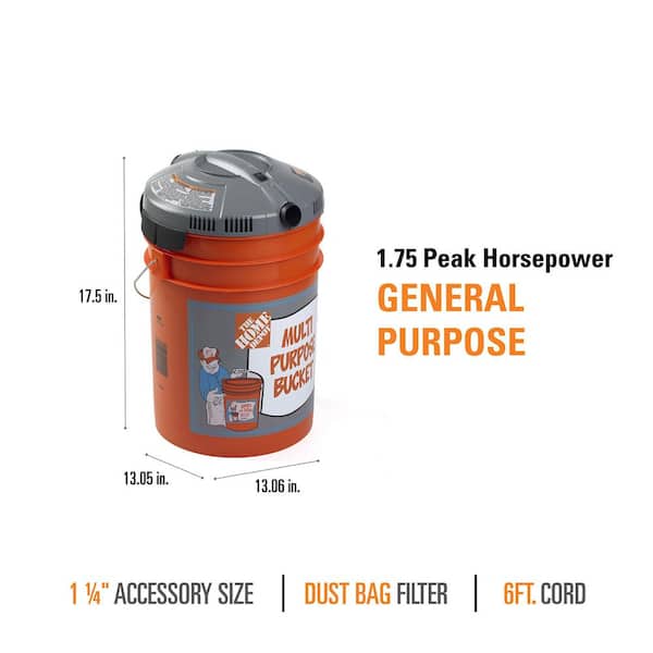 Bucket Head - 5 Gallon 1.75 Peak HP Shop Vacuum Wet Dry Vac Powerhead with Filter Bag and Hose (compatible with 5 Gal. Homer Bucket)