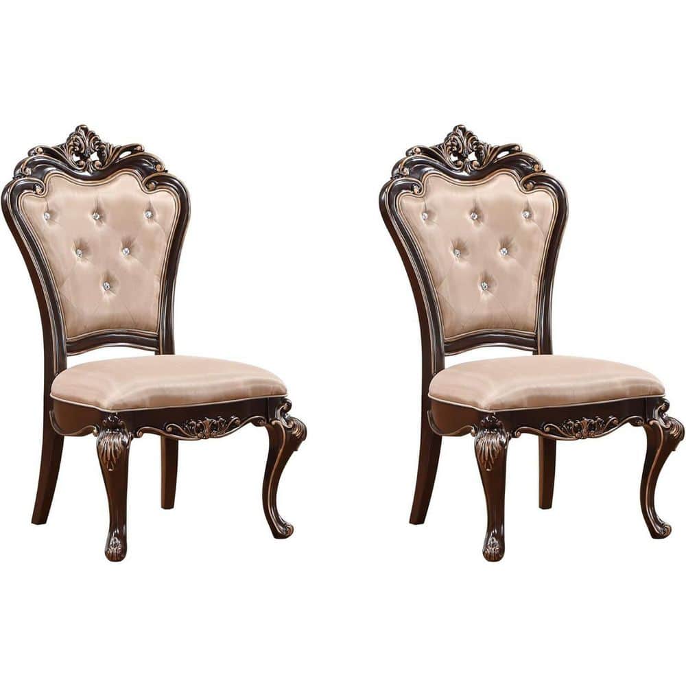 Cherry Brown/Beige Fabric Upholstered Wood Frame Dining Chair, Set of 2, Sturdy Dining Chair for Dining Rooms