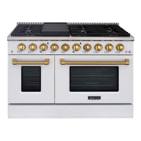 Akicon 48in. 8 Burners Freestanding Gas Range in White and Gold with Convection Fan Cast Iron Grates and Black Enamel Top