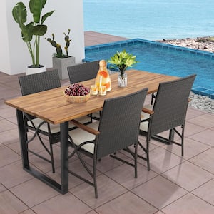 5 Piece Wicker Outdoor Dining Set Patio Acacia Wood Table 6 Wicker Chairs with Umbrella Hole and White Cushions