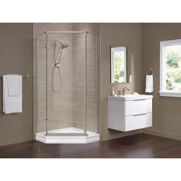 38 in. x 72 in. Shower Kit Semi-Frameless Pivot Door in Stainless with 38 in. x 38 in. Neo Angle Shower Pan in White