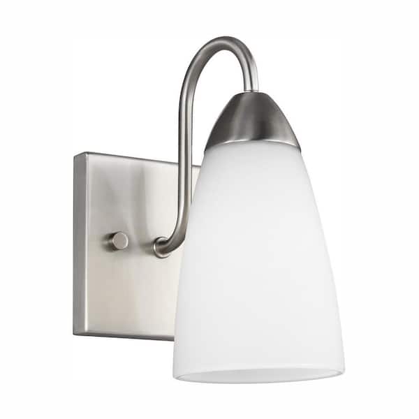 Generation Lighting Seville 4.75 in. 1-Light Brushed Nickel Transitional Modern Bathroom Vanity Light with White Glass Shade and LED Bulb