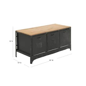 Black Low Profile 3 Drawer Storage Bench with Brown Wood Top 19 in. X 39 in. X 16 in.