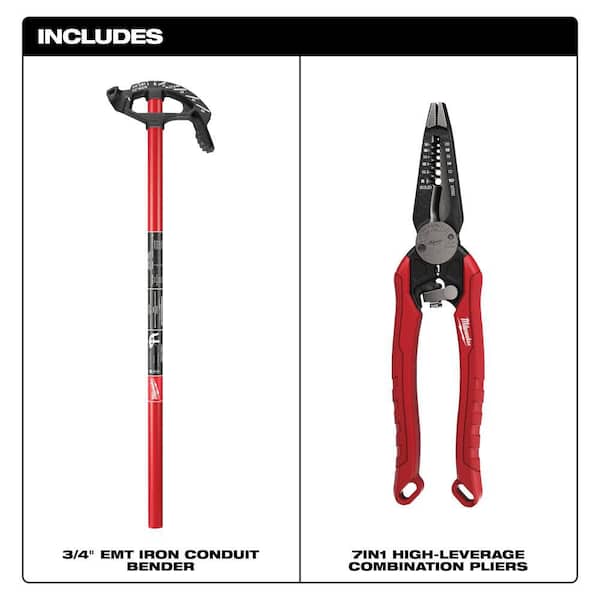 3/4 in. Iron Conduit Bender and Handle and 9 in. 7-in-1 Combination Wire Strippers Pliers