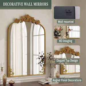 26 in. W x 41 in. H Arched Bronze Aluminum Alloy Framed with Carved Decoration Wall Mirror