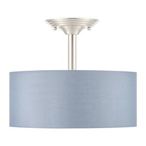 13 in. 2-Light Brushed Nickel Semi-Flush Mount Light with Gray Fabric Shade