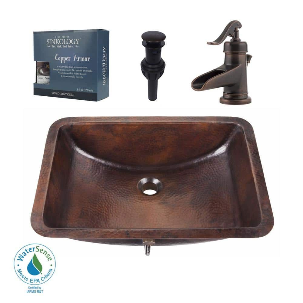 Sinkology Curie All In One 21 In Undermount Copper Bathroom Sink With Pfister Centerset Rustic Bronze Faucet And Drain Sb206 21ag F042 The Home Depot