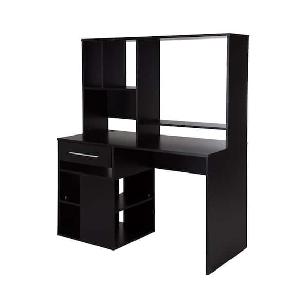 South Shore 48 in. Rectangular Pure Black 1 Drawer Computer Desk with Shelves