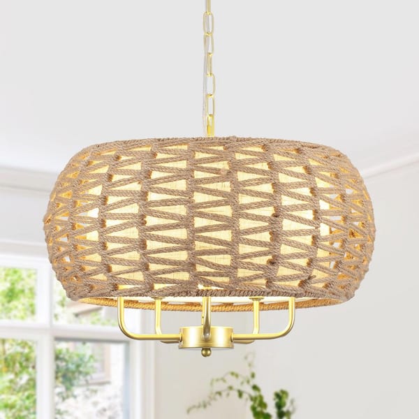 18.98 in. 5-Light Rattan Gold and Brown Bohemin Chandelier for Foyer Dining Room with Cloth Shade