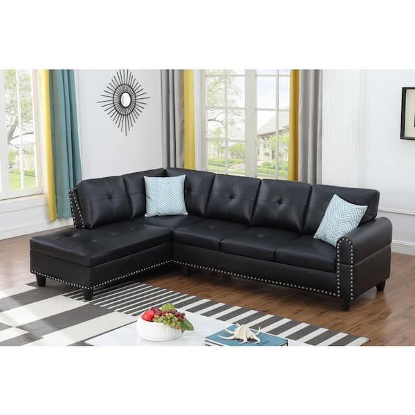 Erik 71 in. Round Arm Faux Leather Upholstery L-Shaped Sectional Sofa in Black, Nailhead Trim, Cup Holders