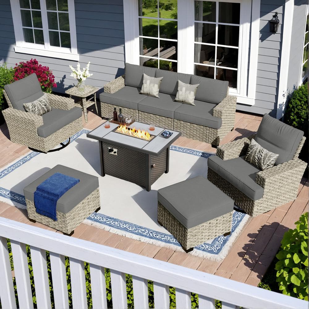 Tibercy Gray 9-Piece Wicker Patio Rectangle Fire Pit Conversation Set with Dark Gray Cushions and Swivel Chairs price history on PriceWatchPro