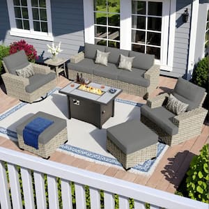 Tibercy Gray 9-Piece Wicker Patio Rectangle Fire Pit Conversation Set with Dark Gray Cushions and Swivel Chairs