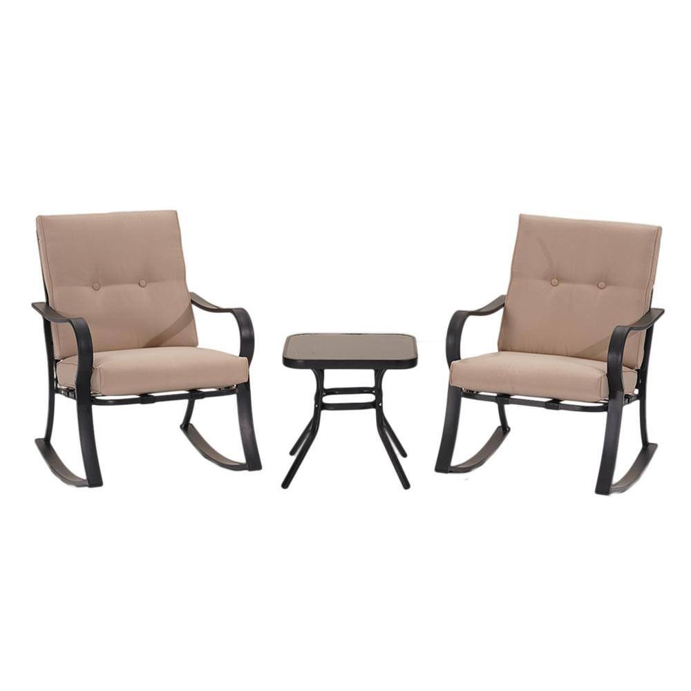 3-Piece Metal UV Resistant Rocking Outdoor Bistro Set with Beige Cushions w