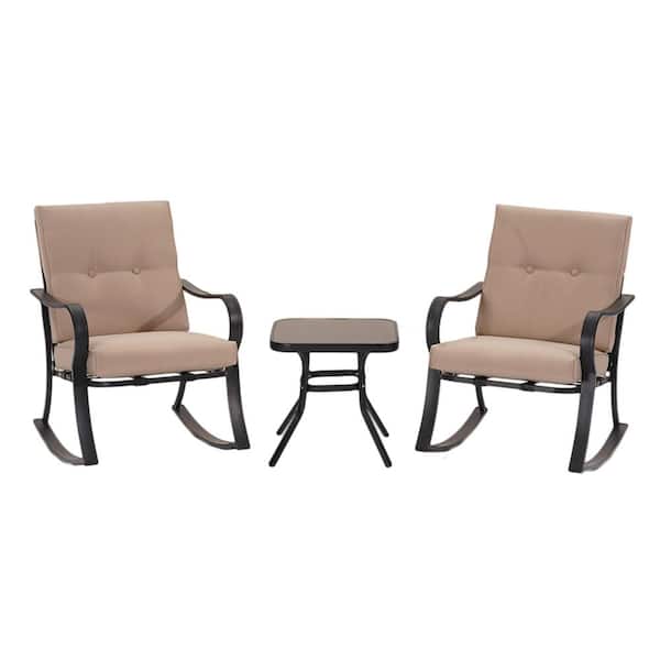 Unbranded 3-Piece Metal UV Resistant Rocking Outdoor Bistro Set with Beige Cushions with Chic Design